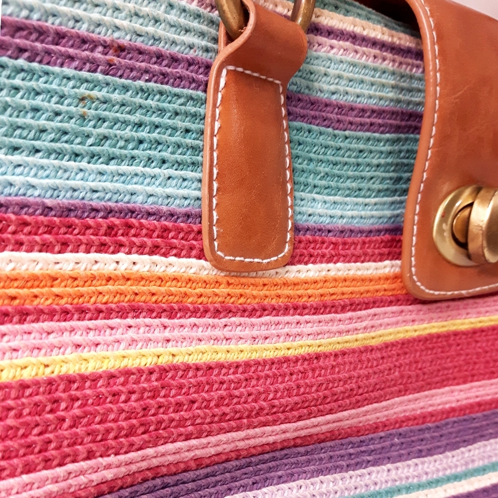 Beach Boho Woven Bag|Shoulder Tote Bag | Multicolor Stripped Cotton - Picture 7 of 12